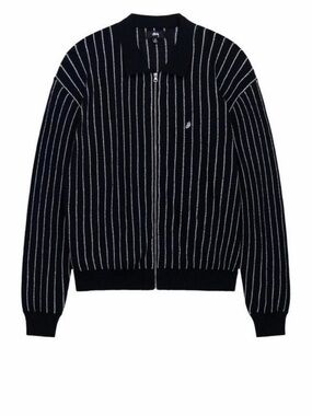 Brand New Stussy Black and White Striped Long Sleeve Zip Up Polo Cardigan Shirt